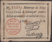Siege of Mayence, 5 Sous, second issue, May 1793, serial number 33487, three printed signatures and series letter A,...