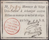 Siege of Mayence, 10 Sous, second issue, May 1793, serial number 8797, three printed signatures and series letter A,...