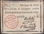 Siege of Mayence, 10 Sous, second issue, May 1793, serial number 47829, three printed signatures and series letter...