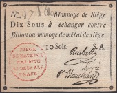 Siege of Mayence, 10 Sous, second issue, May 1793, serial number 47440, three printed signatures and series letter...