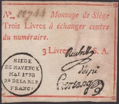 Siege of Mayence, 3 Livres, second issue, May 1793, serial number 22744, three printed signatures and series letter...