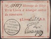 Siege of Mayence, 3 Livres, second issue, May 1793, serial number 41187, three printed signatures and series letter...