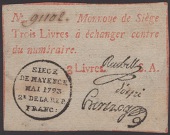 Siege of Mayence, 3 Livres, second issue, May 1793, serial number 91102, three printed signatures and series letter...