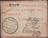 Siege of Mayence, 3 Livres, second issue, May 1793, serial number 37170, three printed signatures and series letter...