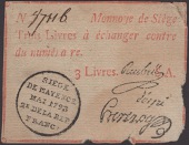 Siege of Mayence, 3 Livres, second issue, May 1793, serial number 87116, three printed signatures and series letter...