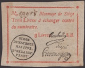 Siege of Mayence, 3 Livres, second issue, May 1793, serial number 59958, three printed signatures and series letter...
