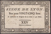 Siege of Lyon, 25 Sous, ND (1793), manuscript signature at left, lacking embossed stamp, good extremely fine,...