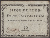 Siege of Lyon, 50 Sous, ND (1793), manuscript signature at left, mounting traces but no folds at all, about...