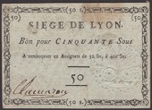 Siege of Lyon, 50 Sous, ND (1793), manuscript signature at left, minor mounting traces and one stain, extremely...