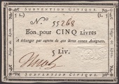 Siege of Lyon, 5 Livres, ND (1793), serial number 55268, manuscript signature at left, one stain on reverse, a...