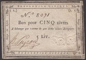 Siege of Lyon, 5 Livres, ND (1793), serial number 8071, manuscript signature at left, mounting traces on reverse,...