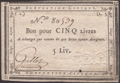 Siege of Lyon, 5 Livres, ND (1793), serial number 80539, manuscript signature at left, one worm hole, extremely...