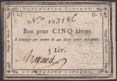 Siege of Lyon, 5 Livres, ND (1793), serial number 103186, manuscript signature at left, a little scuffed but no...