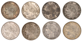 France, Third Republic (1871-1940), Franc (8), 1872a (2), 1872k, 1881a, 1887a, 1888a, 1894a, 1895a (Gad. 465a) [8]....