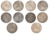 France, Third Republic (1871-1940), 50 Centimes (10), 1872a, 1873a, 1874a, 1881a, 1882a, 1886a, 1887a, 1888a, 1894a,...