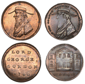 LONDON, High Holborn, Spence’s mule Halfpence (2), bust of Lord George Gordon left with legend, rev. Sessions...
