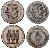 LONDON, High Holborn, Spence’s mule Halfpence (2), heads of William Pitt and Charles Fox conjoined, revs. three...