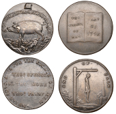 LONDON, High Holborn, Spence’s mule Halfpence (2), man hanging series, type 3, man with straight legs, rev. open...