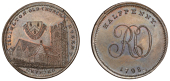 LONDON, Soho, Robert Orchard, Skidmore’s Halfpenny, 1798, side elevation of Islington Old Church, rev. ro cypher,...