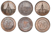 LONDON, Skidmore’s Churches, Halfpence (3), Ludgate, St Martin’s (2), with buildings at sides of church,...