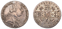 George III (1760-1820), Shilling, 1787, with hearts, 1 over retrograde 1 in date (ESC 2131; S. 3746). Dark cabinet...