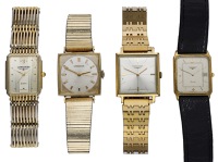 Longines. A group of four wristwatches.
Movements: quartz and manual winding.
Dials: silvered. 
Cases: gold...