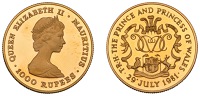 Mauritius, Constitutional Monarchy, Elizabeth II, Piedfort Proof 1000 Rupees, 1981, Wedding of Prince Charles and...
