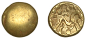 British Iron Age, GALLO-BELGIC, Stater, series E [Ambiani], Gallic War uniface type, shallow dome, rev. stylised...