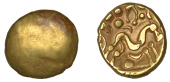 British Iron Age, GALLO-BELGIC, Stater, series E [Ambiani], Gallic War uniface type, shallow dome, rev. stylised...