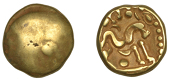 British Iron Age, GALLO-BELGIC, Stater, series E [Ambiani], Gallic War uniface type, shallow dome,  rev. stylised...