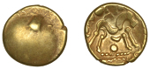 British Iron Age, GALLO-BELGIC, Stater, series E [Ambiani], Gallic War uniface type, shallow dome with prominent die...