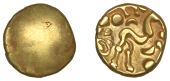 British Iron Age, GALLO-BELGIC, Stater, series E [Ambiani], Gallic War uniface type, shallow dome, rev. stylised...