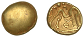 British Iron Age, GALLO-BELGIC, Stater, series E [Ambiani], Gallic War uniface type, shallow dome, rev. stylised...