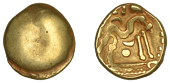 British Iron Age, GALLO-BELGIC, Stater, series E [Ambiani], Gallic War uniface type, shallow dome, rev. stylised...