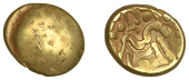 British Iron Age, GALLO-BELGIC, Stater, series E [Ambiani], Gallic War uniface type, shallow dome,  rev. stylised...