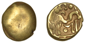 British Iron Age, GALLO-BELGIC, Stater, series E [Ambiani], Gallic War uniface type, shallow dome, rev. stylised...
