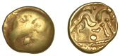 British Iron Age, GALLO-BELGIC, Stater, series E [Ambiani], Gallic War uniface type, shallow dome with prominent die...