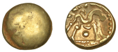 British Iron Age, GALLO-BELGIC, Stater, series E [Ambiani], Gallic War uniface type, shallow dome, rev. stylised...