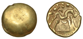 British Iron Age, GALLO-BELGIC, Stater, series E [Ambiani], Gallic War uniface type, shallow dome, rev. stylised...