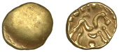 British Iron Age, GALLO-BELGIC, Stater, series E [Ambiani], Gallic War uniface type, shallow dome, rev. stylised...
