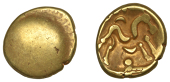 British Iron Age, GALLO-BELGIC, Stater, series E [Ambiani], Gallic War uniface type, shallow dome, rev. stylised...