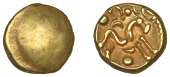 British Iron Age, GALLO-BELGIC, Stater, series E [Ambiani], Gallic War uniface type, shallow dome, rev. stylised...