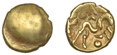 British Iron Age, GALLO-BELGIC, Stater, series E [Ambiani], Gallic War uniface type, shallow dome, rev. stylised...