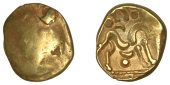 British Iron Age, GALLO-BELGIC, Stater, series E [Ambiani], Gallic War uniface type, shallow dome with pronounced...