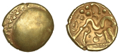 British Iron Age, GALLO-BELGIC, Stater, series E [Ambiani], Gallic War uniface type, shallow dome with rough fronds...