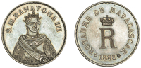 Madagascar, Ranavalona III, In the style of Rasoherina, Fantasy Pattern 5 Francs, in silver, 1886, crowned...