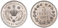 Madagascar, Ranavalona III (1883-96), Fantasy Pattern 5 Francs, in silver, 1883, Paris (Lec. 22; Dav. 514; KM. X3b)....