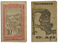 Madagascar, Third Republic, Cardboard 10 Centimes [Ilavaomena], undated issue (c. 1916-19), Zebu on white cardboard...
