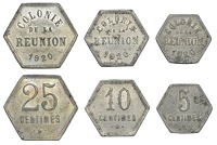 RÉunion, 25, 10, and 5 Centimes, 1920, issued by the Chambre de Commerce de Saint-Denis, Port Louis (KM. Tn1-3;...