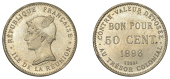 Réunion, Essai 50 Centimes, 1896, Paris (Lec. 38a; KM. E1). Practically as struck, a key essai in the series, very...
